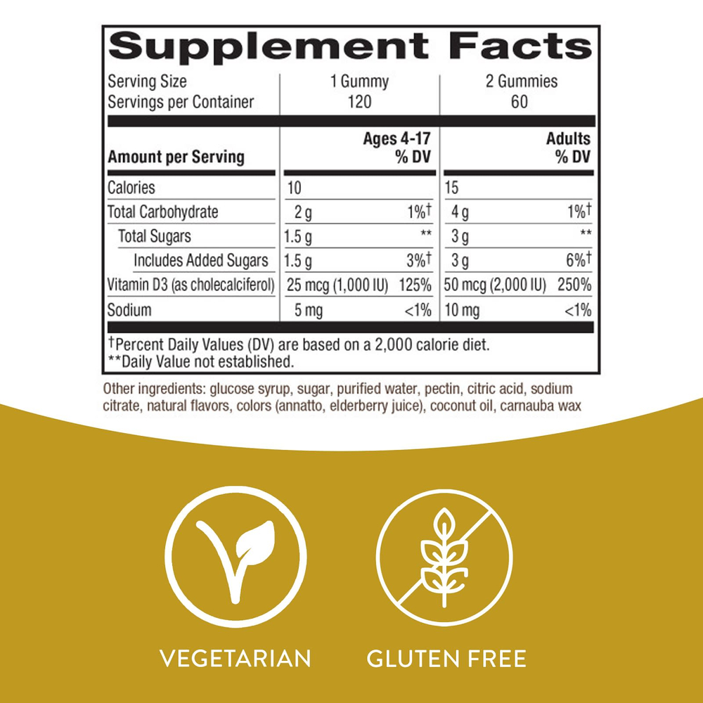 Nature's Way, жевательный витамин D3, фруктовое ассорти, 120 жевательных таблеток (25 мкг (1000 МЕ) в 1 жевательной таблетке)