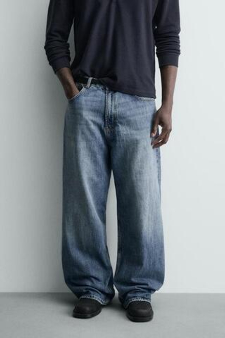 ZARA ДЖИНСЫ BAGGY FIT С РАЗРЕЗАМИ, ВЫЦВЕТШИЙ СИНИЙ