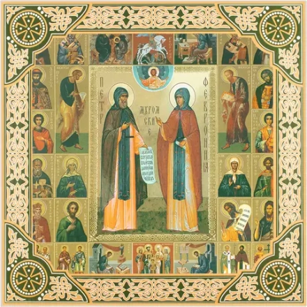 Икона "Петр и Феврония", рама 28х28, в коробке