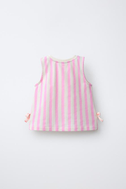 ZARA ФУТБОЛКА В ПОЛОСКУ С БАНТАМИ, РОЗОВЫЙ/БЕЛЫЙ