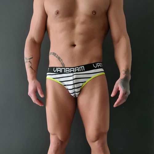 Мужские трусы слипы белые в черную полоску с голубой вставкой Van Baam 48137