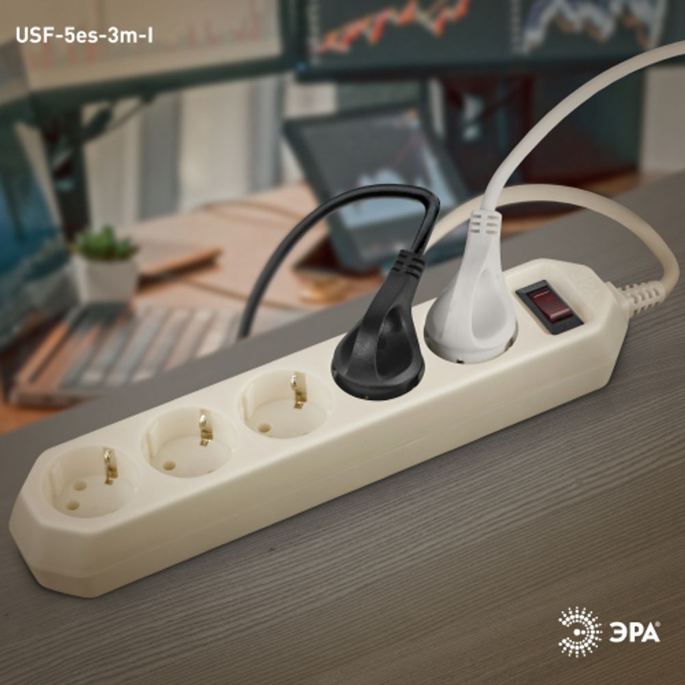 Сетевой фильтр ЭРА USF-5es-3m-I с базовой защитой с заземлением с выключателем 5 розеток 3м 10А слоновая кость