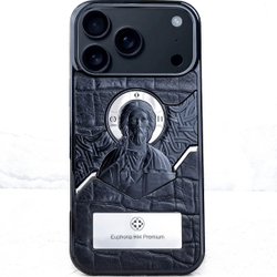 Премиум чехол для iPhone из натуральной кожи Euphoria HM Premium аксессуар из Православной коллекции с изображением Иисуса Христа.