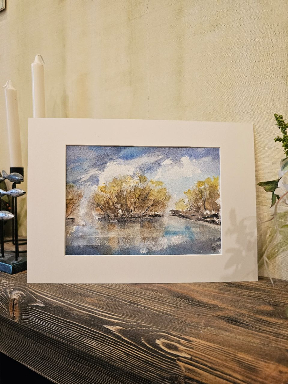 Картина авторская акварельная в паспарту 21х30 см на стену для интерьера "На берегу Осетра в апреле"