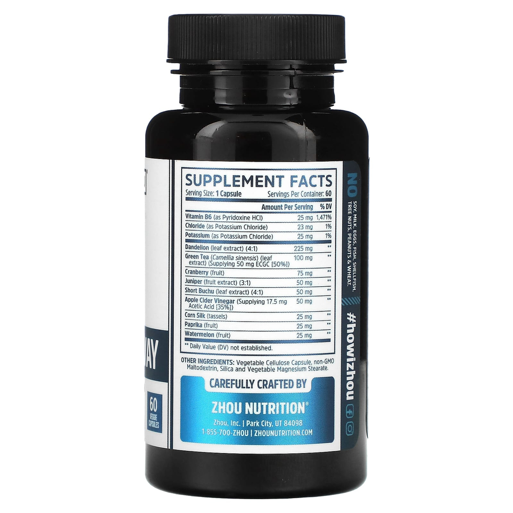 Zhou Nutrition, Water Away с одуванчиком и калием, 60 капсул