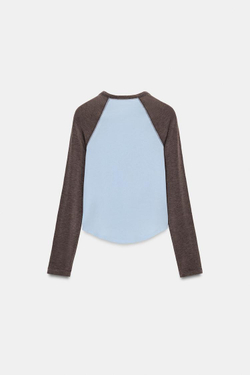 ZARA ФУТБОЛКА РЕГЛАН С КОНТРАСТНЫМИ ДЕТАЛЯМИ, ГОЛУБОЙ