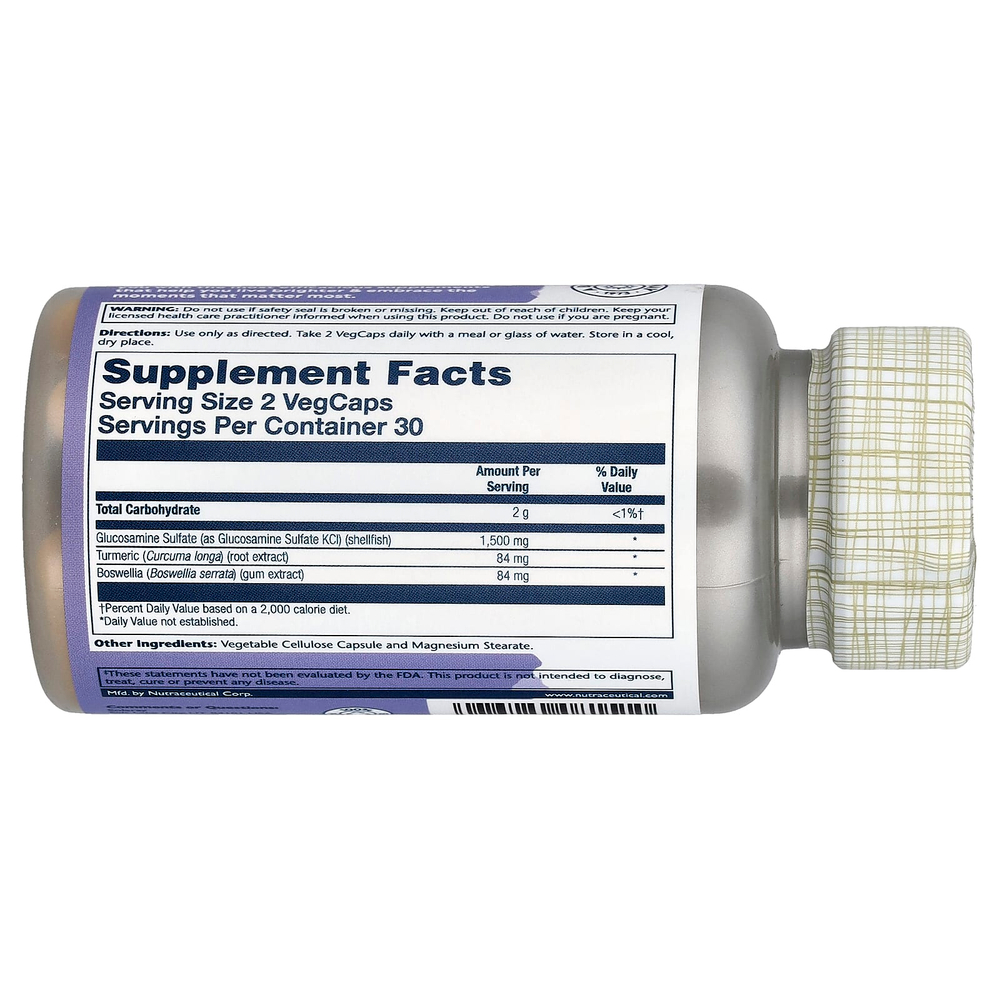 Solaray, сульфат глюкозамина, с куркумой и босвеллией, 60 растительных капсул