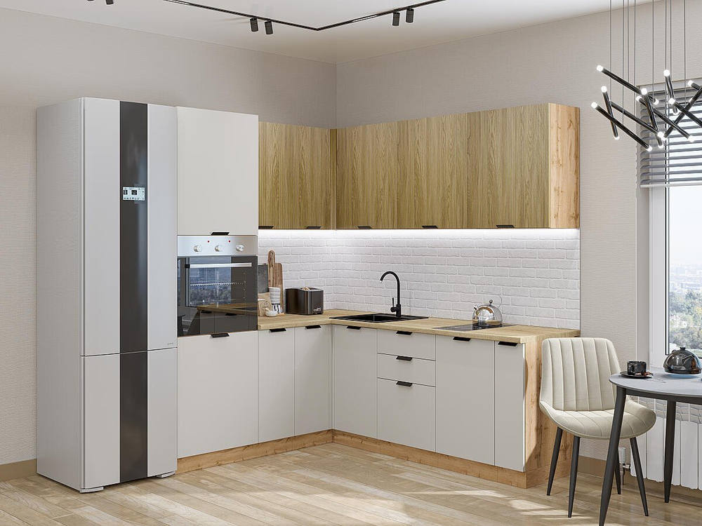 Угловая модульная кухня Евро Лайн-04 Дуб песочный/Агат - Дуб Вотан 2140*1800/2150*600