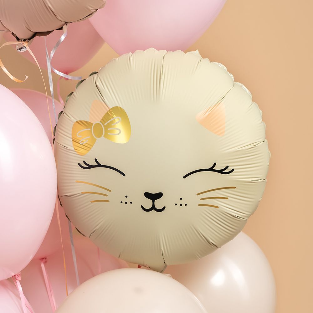 Шар (18''/46 см) Круг, Кошечка с бантом, Кремовый, Сатин, 1 шт.