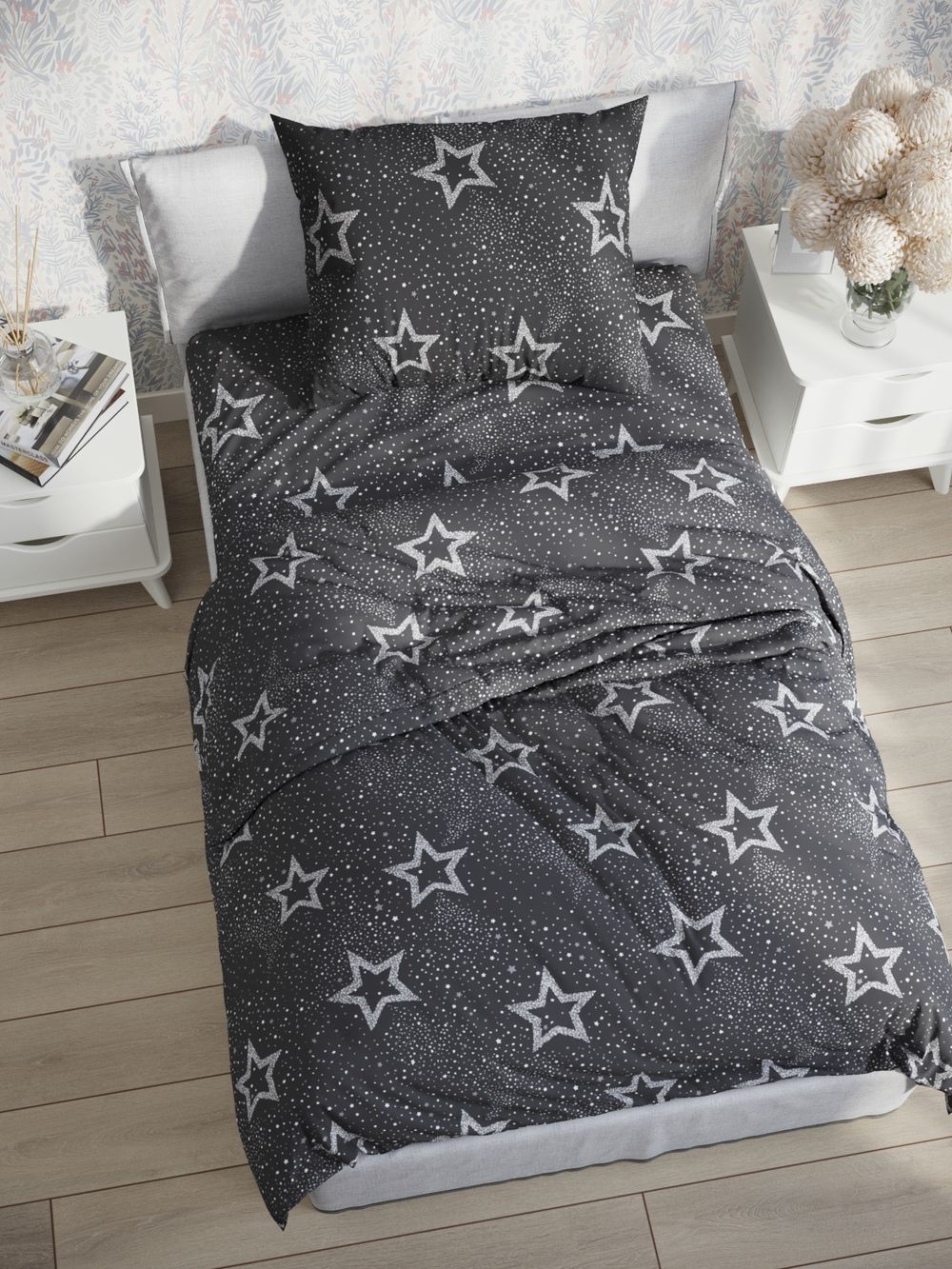 Постельное белье Сказка "Звезды на сером" 1,5-сп   наволочка 50х70 1шт Простынь на резинке 90х200 см  Пододеяльник 145х215 см