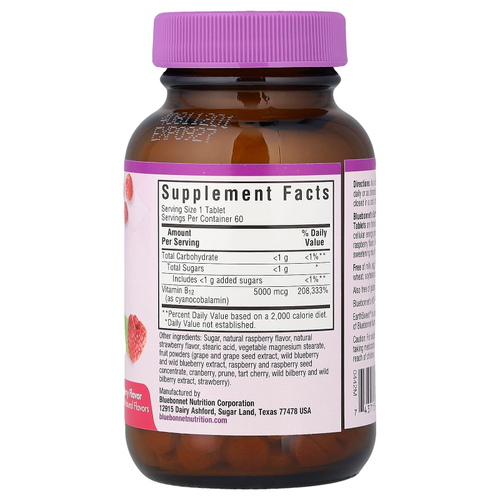 Bluebonnet Nutrition, Earth Sweet®, жевательные таблетки, витамин B12, малина, 5000 мкг, 60 жевательных таблеток