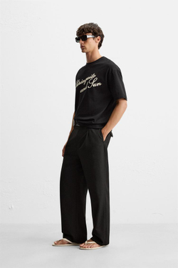 ZARA ФУТБОЛКА С ВЫШИТОЙ НАДПИСЬЮ, ЧЕРНЫЙ