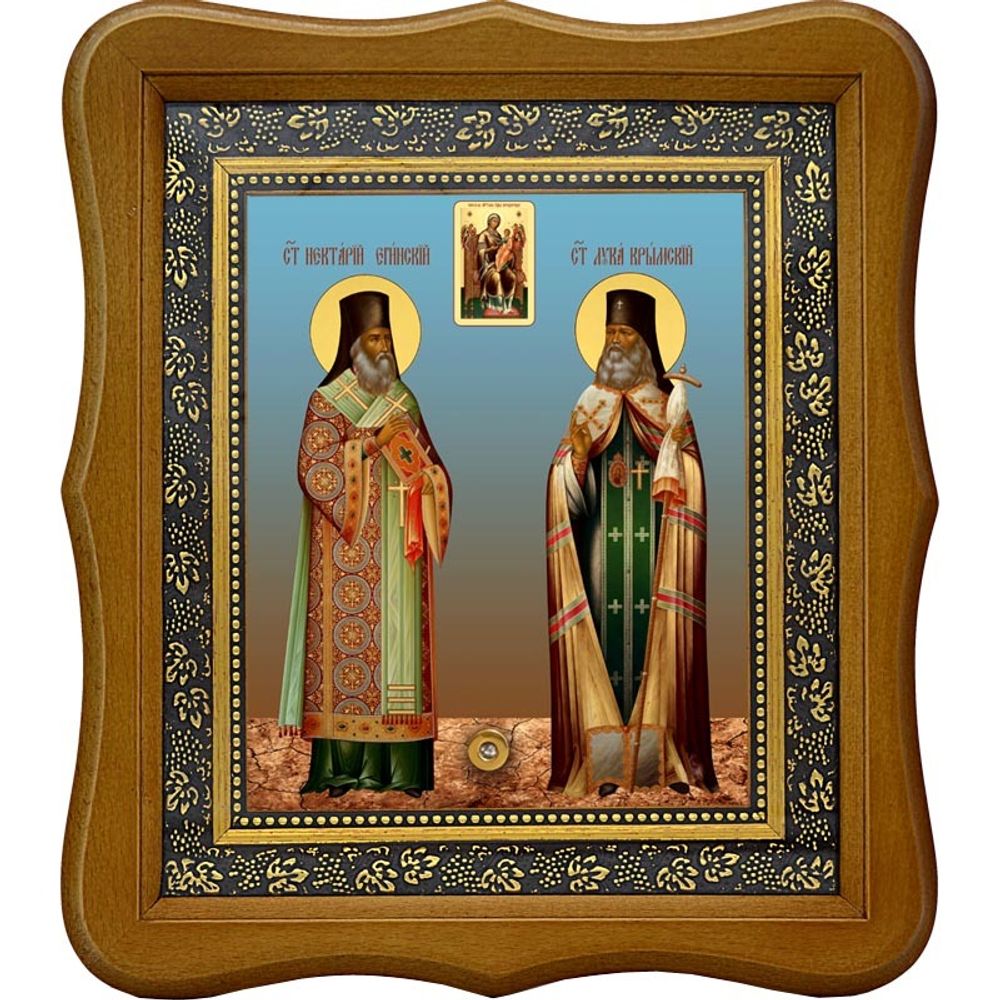 Икона Святителей Нектария Эгинского и Луки Крымского с иконой "Всецарица" с мощевиком.