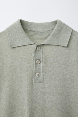 ZARA ПОЛО ИЗ ХЛОПКА И ЛЬНА, ЗЕЛЕНЫЙ