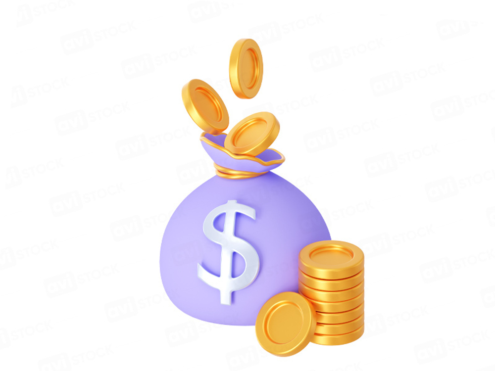 3D money bag with coins in violet color on transparent background