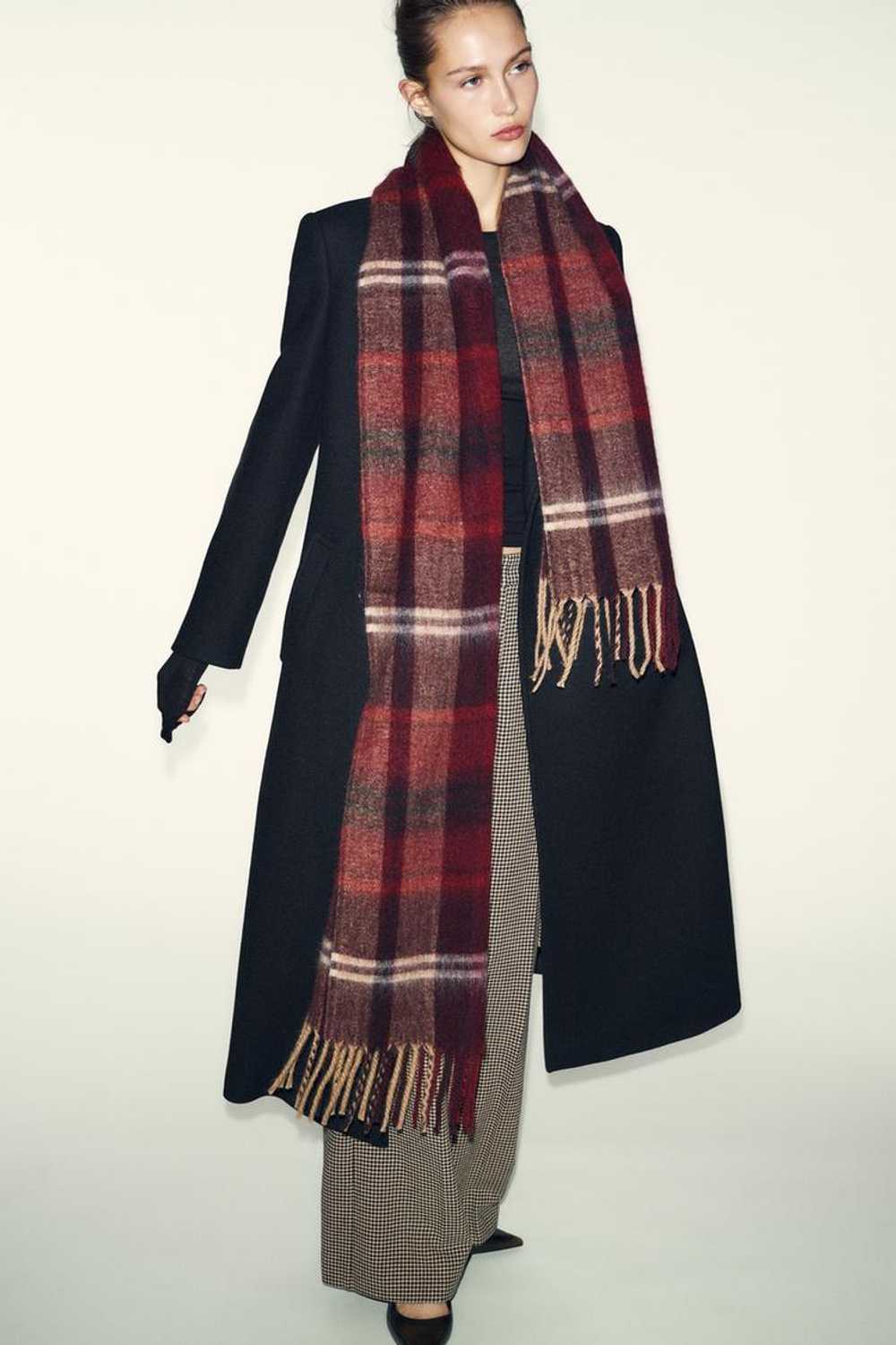 ZARA ЖАККАРДОВЫЙ ШАРФ В КЛЕТКУ, ГРАНАТОВЫЙ