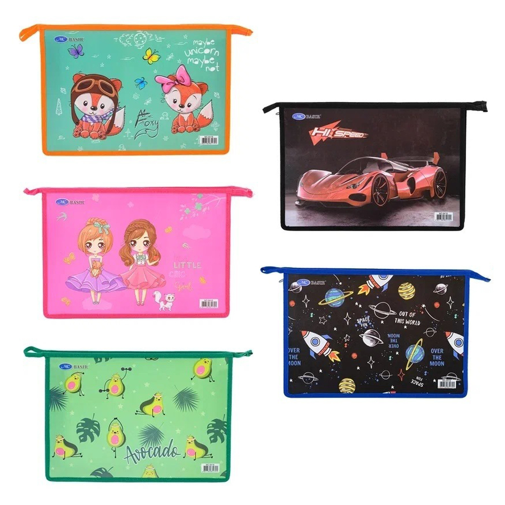 Папка школьная на молнии Basir, формат А4, размер 33*23 см, с рисунком ассорти, 6 цветов