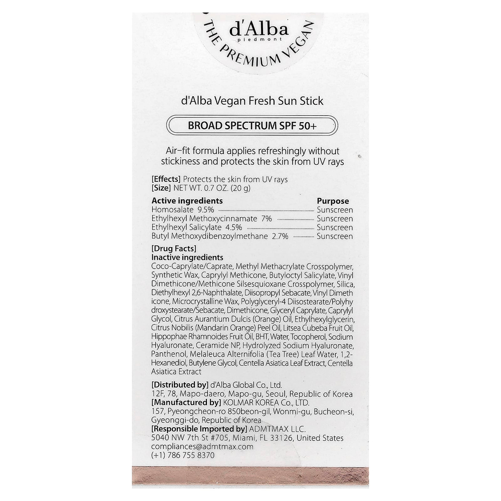 d'Alba, Vegan Fresh Sun Stick, SPF 50+, 20 г (0,7 унции)