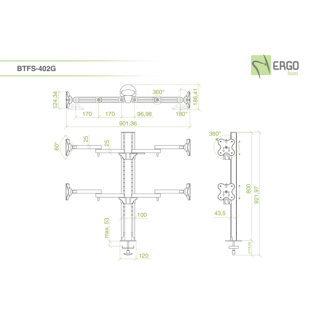 ErgoFount BTFS-402G Настольное крепление для 4 мониторов диагональю до 24'' с шарнирными двухколенными вылетами, конфигурацией 2х2 и струбциной к столу типа "G". Цвет - серебристый