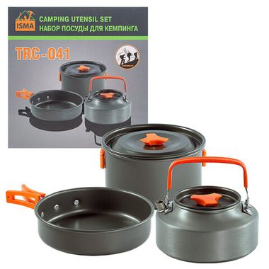 Посуда алюминиевая холодно-штампованная для кемпинга, набор (кастрюля, сковорода, чайник) ISMA ISMA-TRC-041
