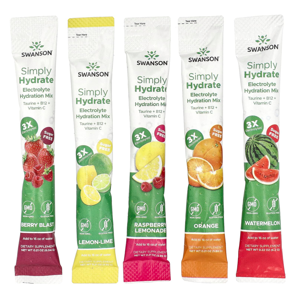 Swanson Vitamins, Simply Hydrate, смесь электролитов для гидратации, ассорти из 30 стик-пакетов, 180 г (6,36 унции)