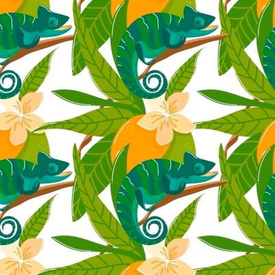 Хамелеон, игуана на тропических фруктах манго