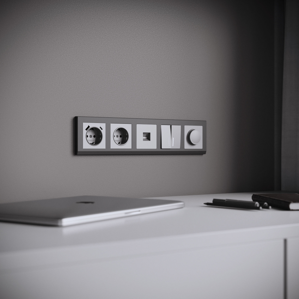 Выключатель двухклавишный проходной с подсветкой (серебряный матовый)