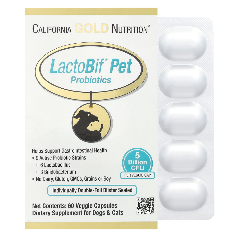 California Gold Nutrition, LactoBif®, пробиотики для домашних животных, 5 млрд КОЕ, 60 растительных капсул