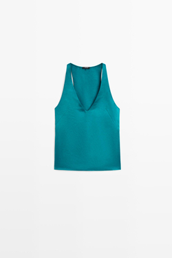 Massimo Dutti Смесовый льняной топ с V-образным вырезом и глянцевым блеском, темно-бирюзовый