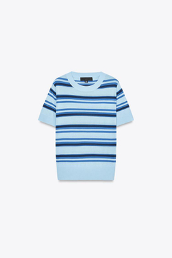 ZARA ТРИКОТАЖНАЯ ФУТБОЛКА В ПОЛОСКУ, СИНИЙ/ИНДИГО