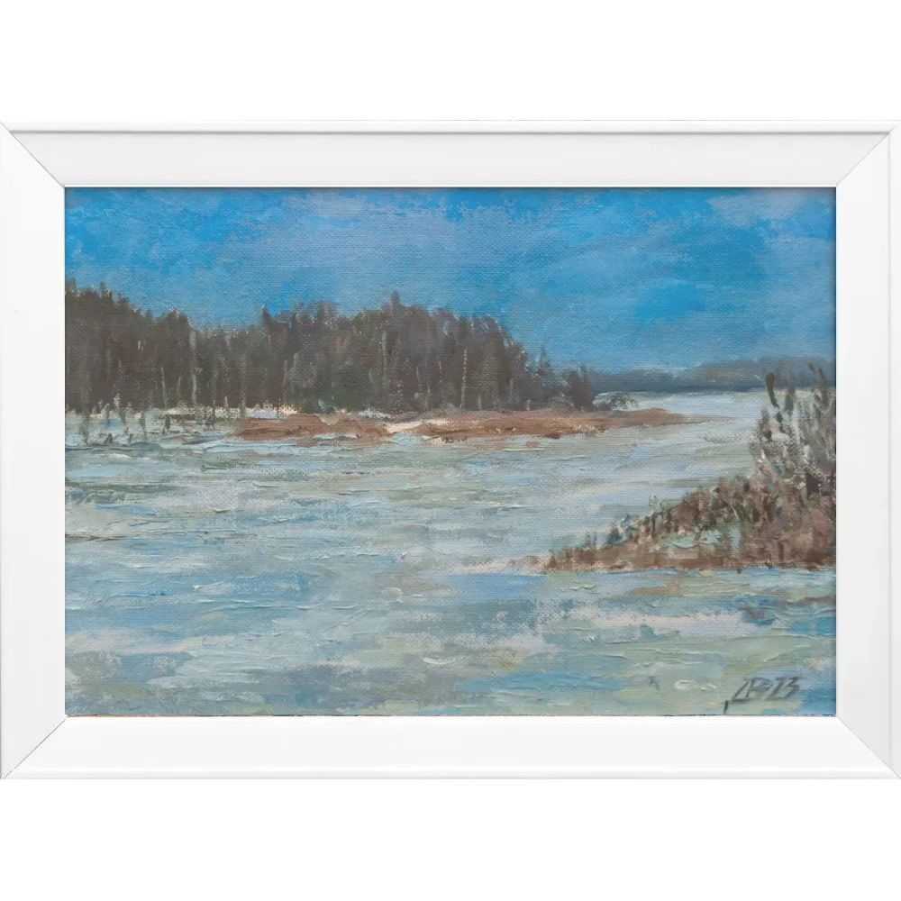 Картина авторская маслом на бумаге в раме 25х34 см на стену для интерьера "Замерзшая Вуокса. Бариново"