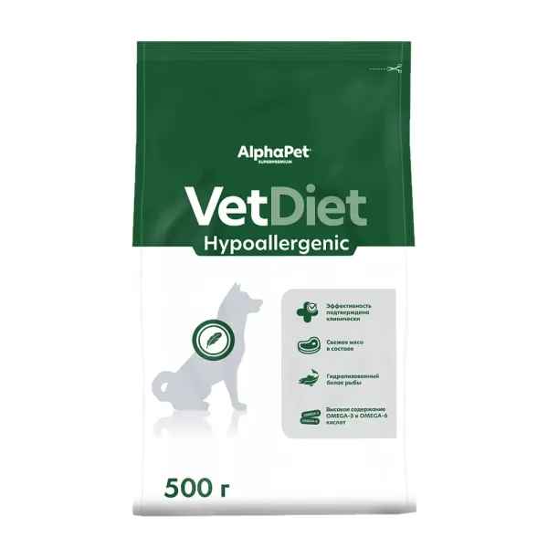 Сухой диетический корм AlphaPet VetDiet HYPOALERGENIC для взрослых собак всех пород при пищевой аллергии и непереносимости ингредиентов