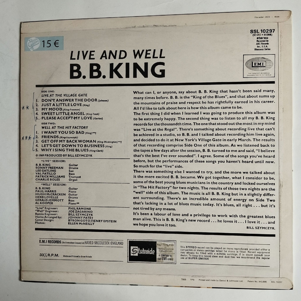 Винтажная виниловая пластинка LP B.B. King Live and Well (UK 1969)