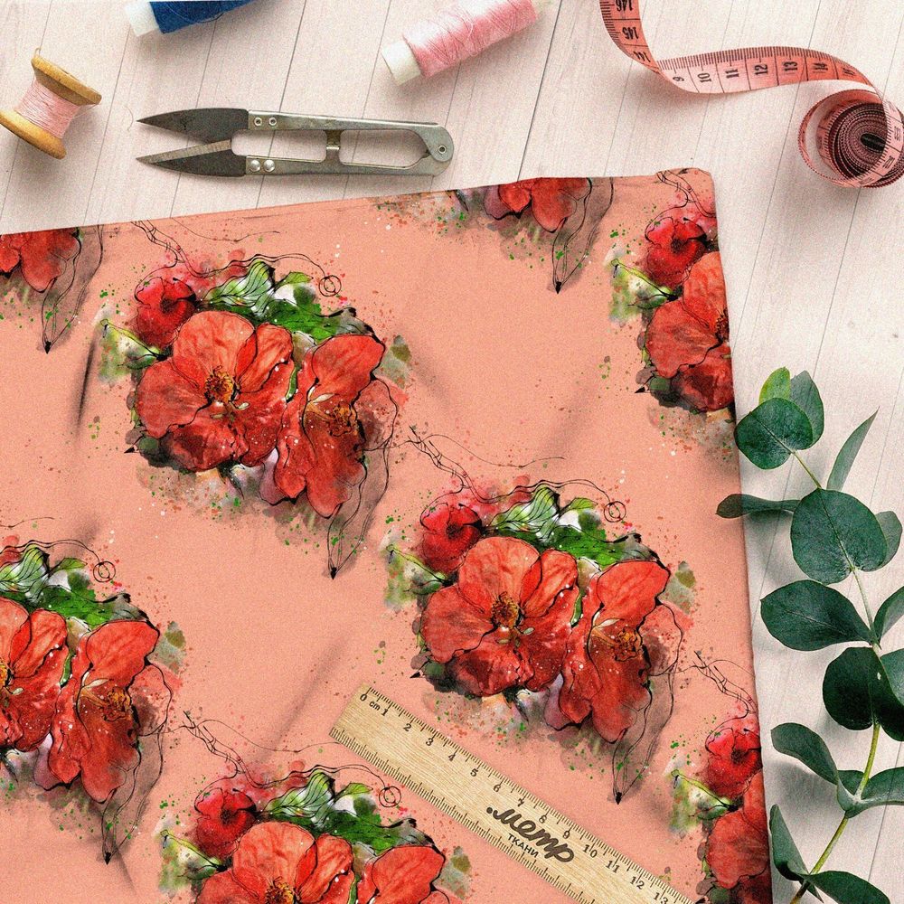 Ткань барби красные цветы на оранжевом фоне