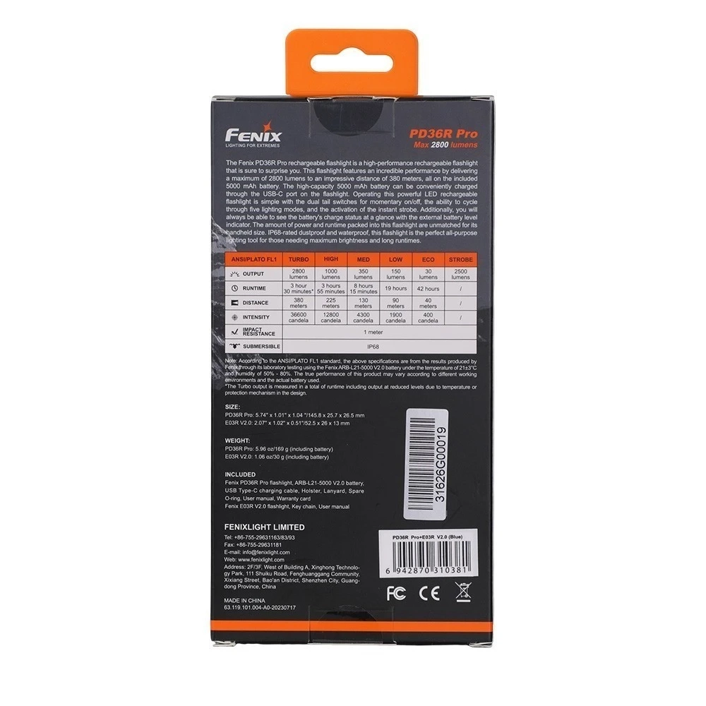 Фонарь Fenix тактический PD36R Pro + E03R V2.0 синий