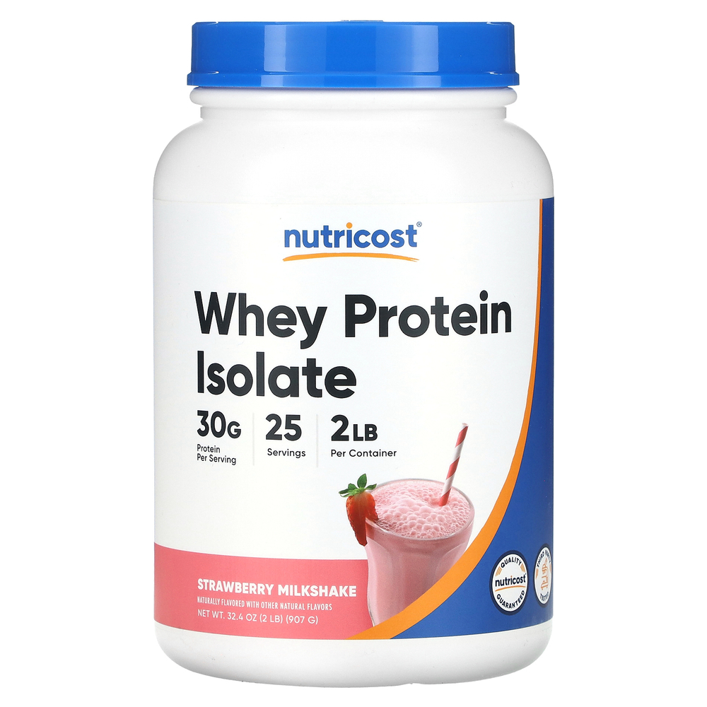 Nutricost, изолят сывороточного протеина, со вкусом клубничного молочного коктейля, 907 г (2 фунта)