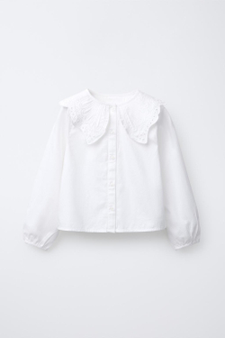 ZARA РУБАШКА С ВЫШИВКОЙ НА ВОРОТНИКЕ, БЕЛЫЙ