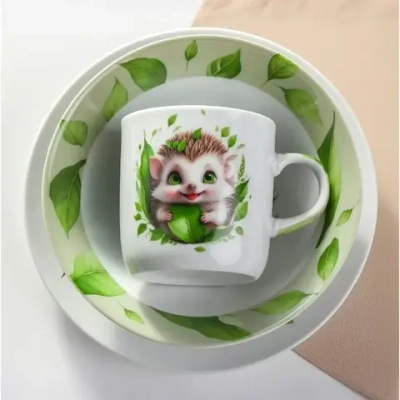 Набор посуды керамика, 3 шт, Ёжик, тарелка 17.5 см, салатник 15 см/350 мл, кружка 230 мл, Daniks