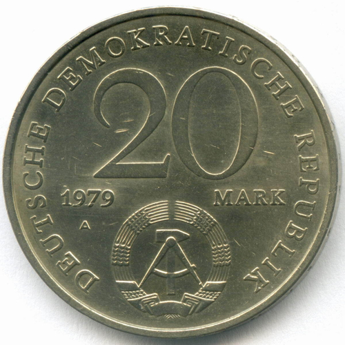 20 марок 1979 год (A). 30 лет ГДР. Германия-ГДР. Медно-никель, диаметр 33 мм. XF-AU