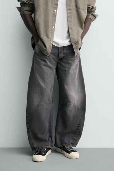ZARA ДЖИНСЫ RELAXED BARREL FIT С ЗАЩИПАМИ, СЕРЫЙ