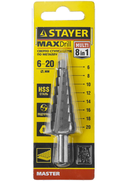 STAYER 6-20 мм, 8 ступеней, сталь HSS, ступенчатое сверло (29660-6-20-8)