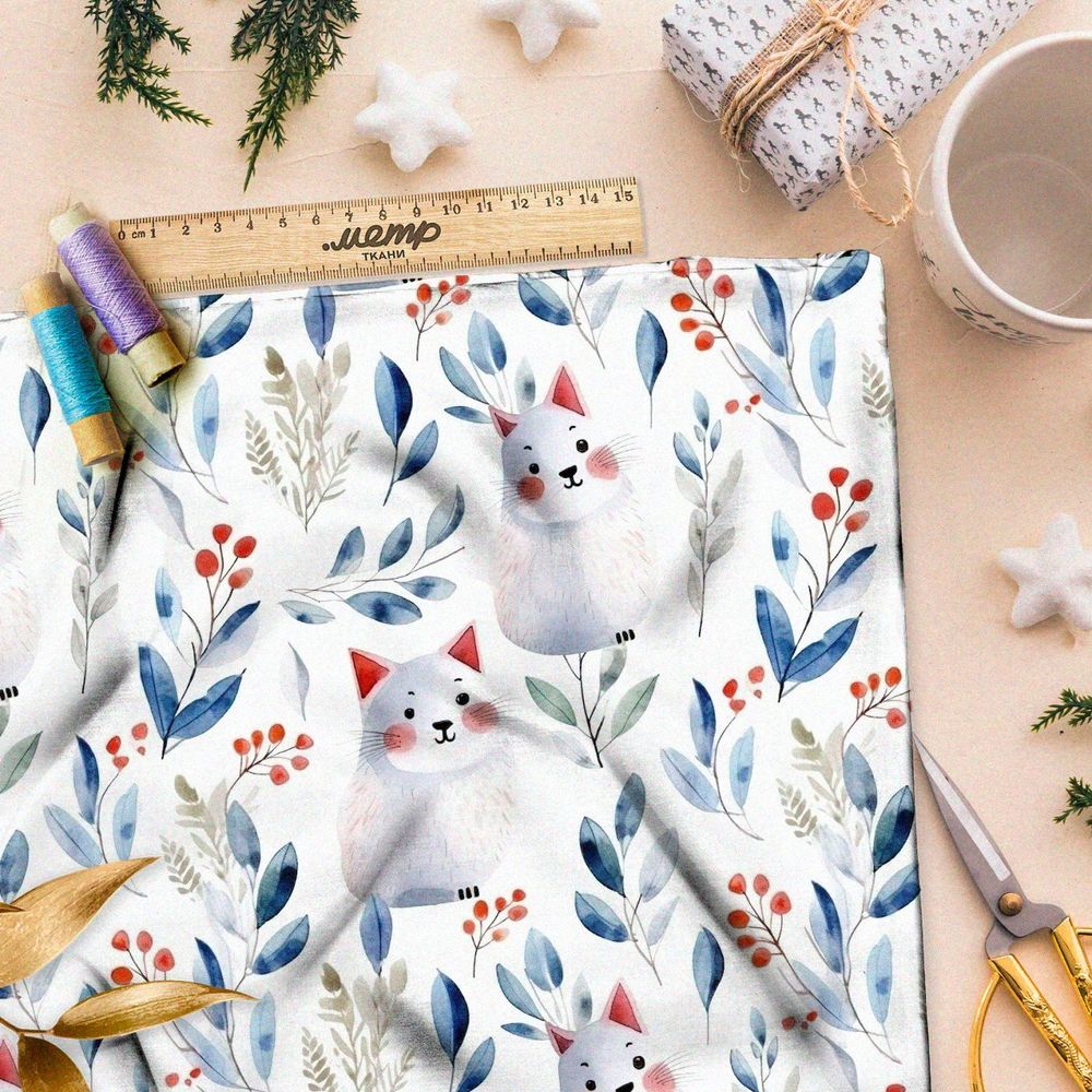 Ткань премиум сатин белые коты