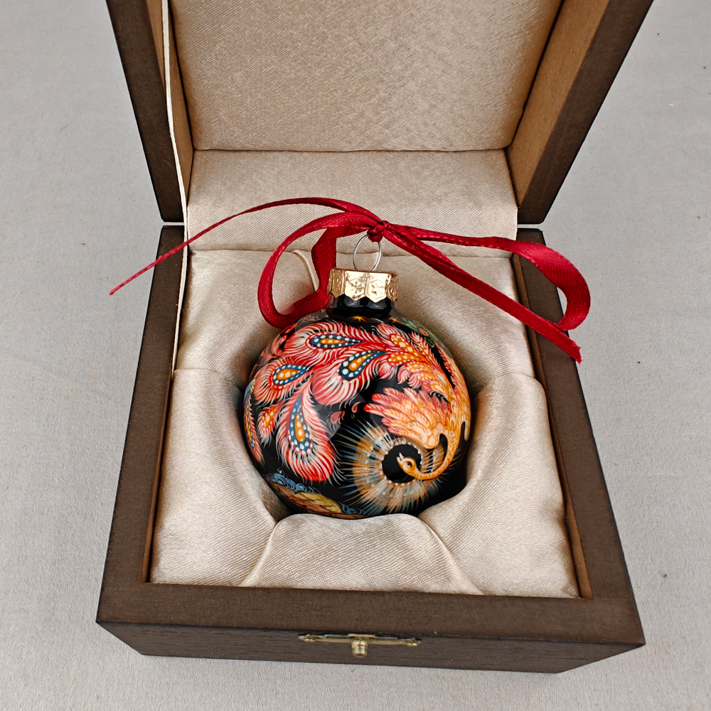 Шар новогодний с ручной росписью Палех "Жар-птица" в футляре