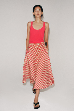 ZARA ШИРОКАЯ ЮБКА В КЛЕТКУ — ZW COLLECTION, ЭКРЮ/КРАСНЫЙ