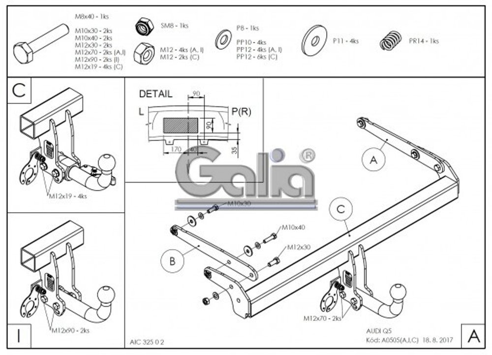 Фаркоп оцинкованный Galia A050A для Audi Q5 2017-(паспорт и сертификат в комплекте)(без электрики)