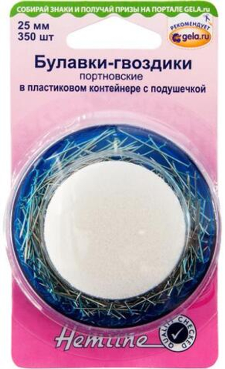 Булавки-гвоздики портновские в контейнере с подушечкой, 25 мм, 350 шт (10013160/150519/0153726/1_Кит