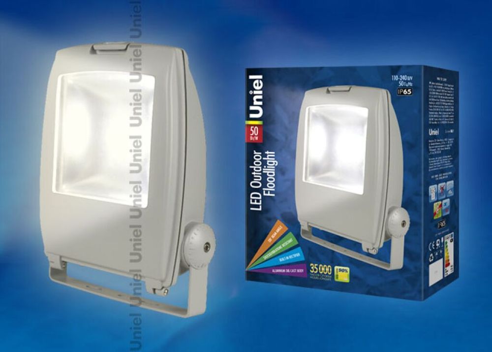 ULF-S02-50W/WW IP65 110-240В Прожектор светодиодный. Корпус серый. Цвет свечения теплый белый. Степень защиты IP65. Картонная упаковка