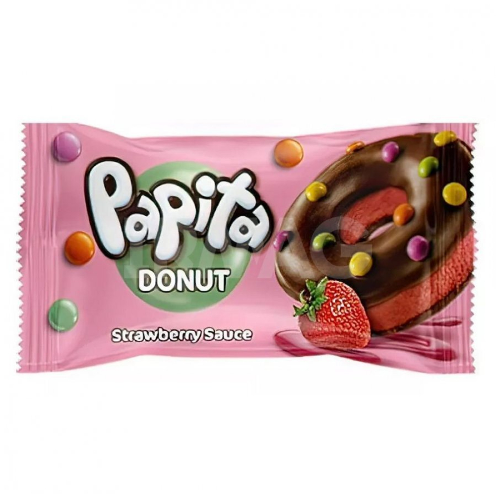Кекс PAPITA DONUT с какао глазурью,клубничной начинкой и цветными драже 40гр