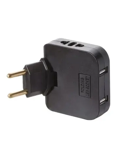 Тройник для розетки с USB 2.0 плоский поворотный, USB разветвитель электрический, черный