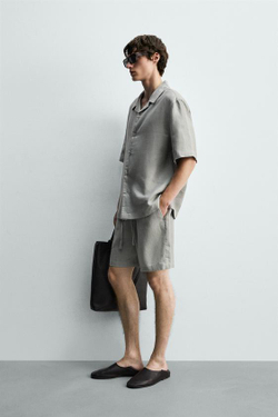 ZARA ШОРТЫ RELAXED FIT ИЗ 100% ЛЬНА, СВЕТЛО-СЕРЫЙ